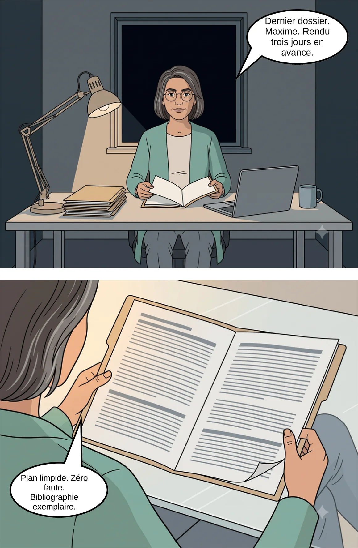 Planche 1 : Nadia corrige le soir, le dernier dossier est rendu trois jours en avance, plan limpide et zéro faute