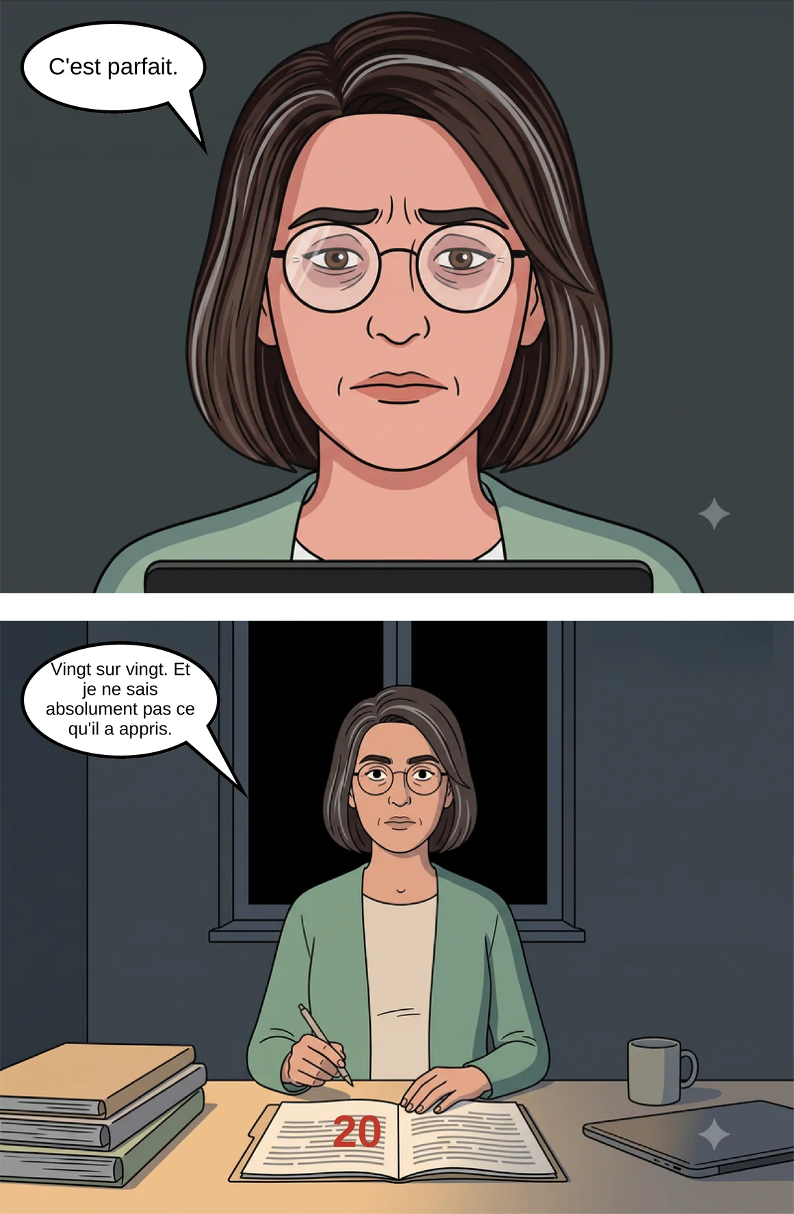 Planche 1, suite : Nadia dit que c'est parfait, met vingt sur vingt et ne sait pas ce que l'apprenant a appris
