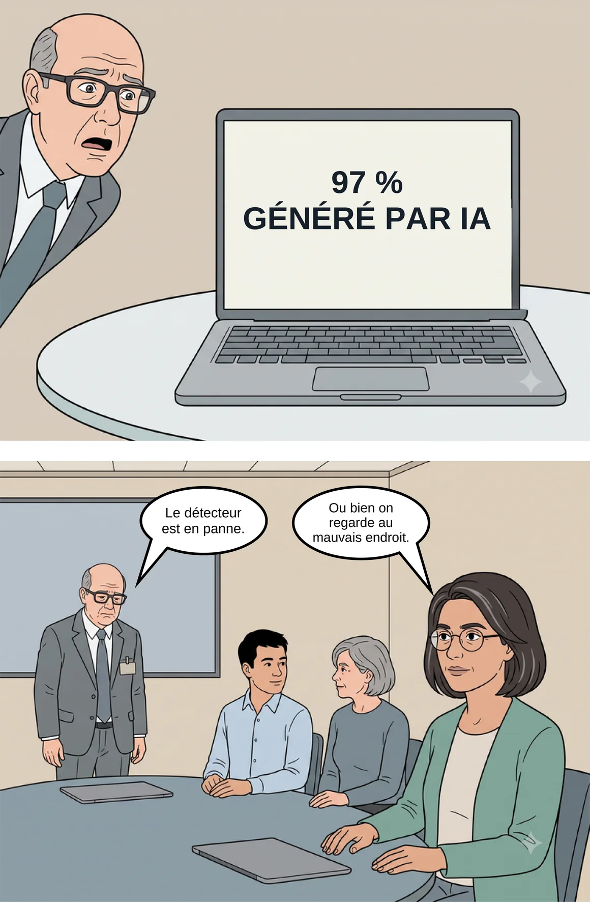 Planche 2, suite : le détecteur affiche 97 % généré par IA sur le rapport du directeur