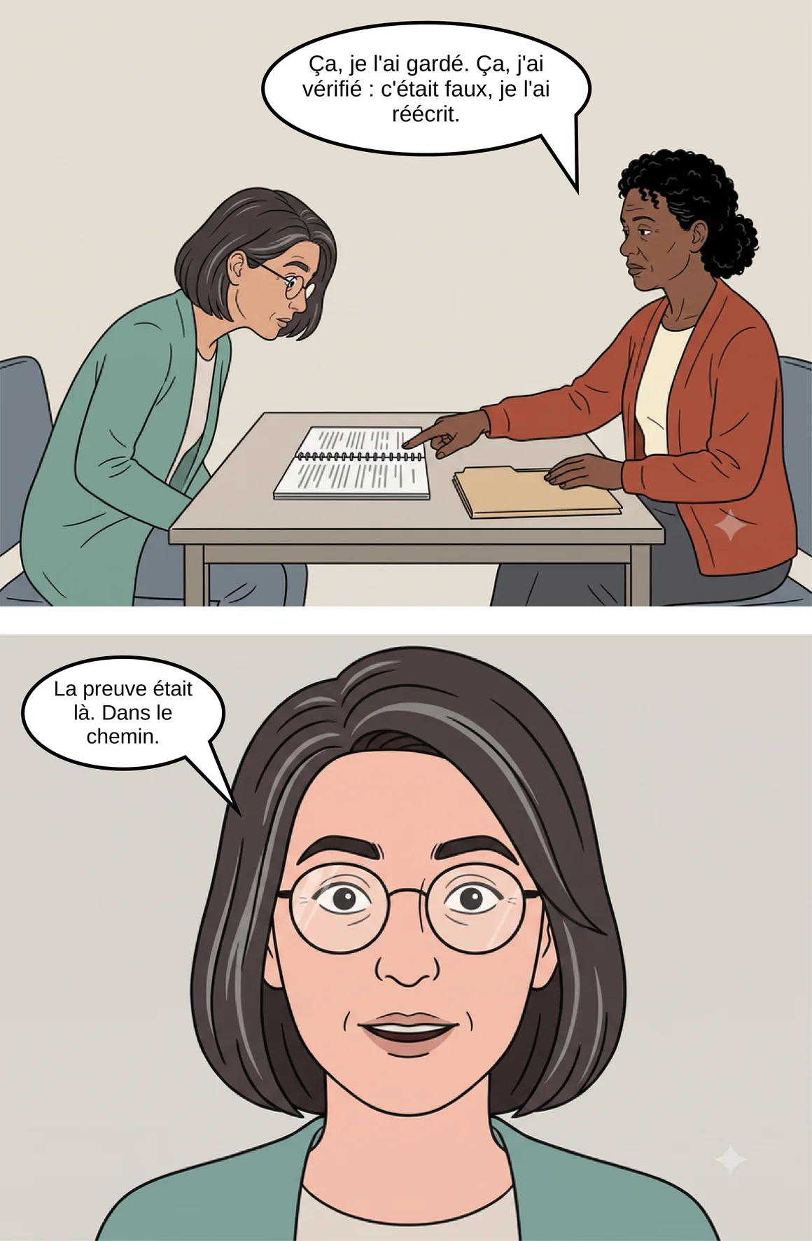 Planche 3, suite : Rosa montre son carnet, ce qu'elle a gardé, vérifié et réécrit, Nadia comprend