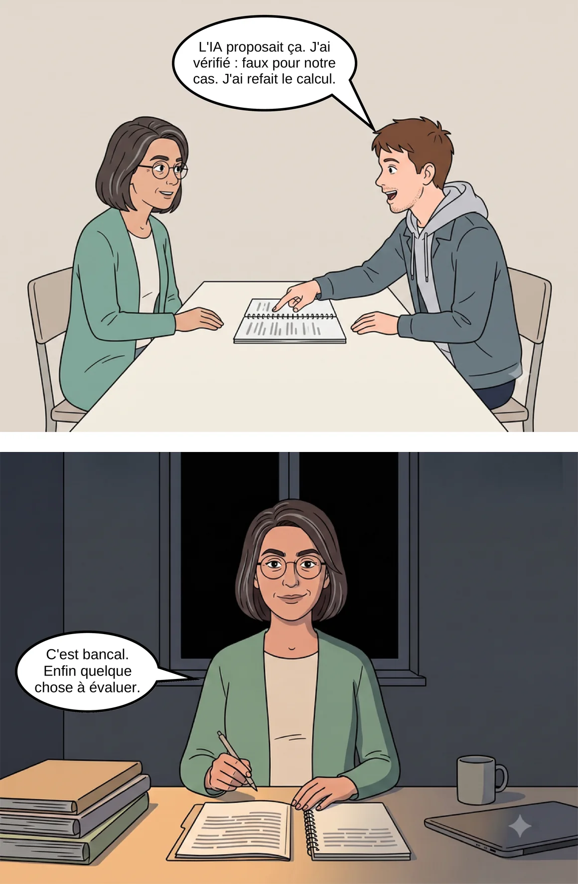 Planche 4, suite : Maxime explique ce qu'il a vérifié et refait, Nadia a enfin quelque chose à évaluer