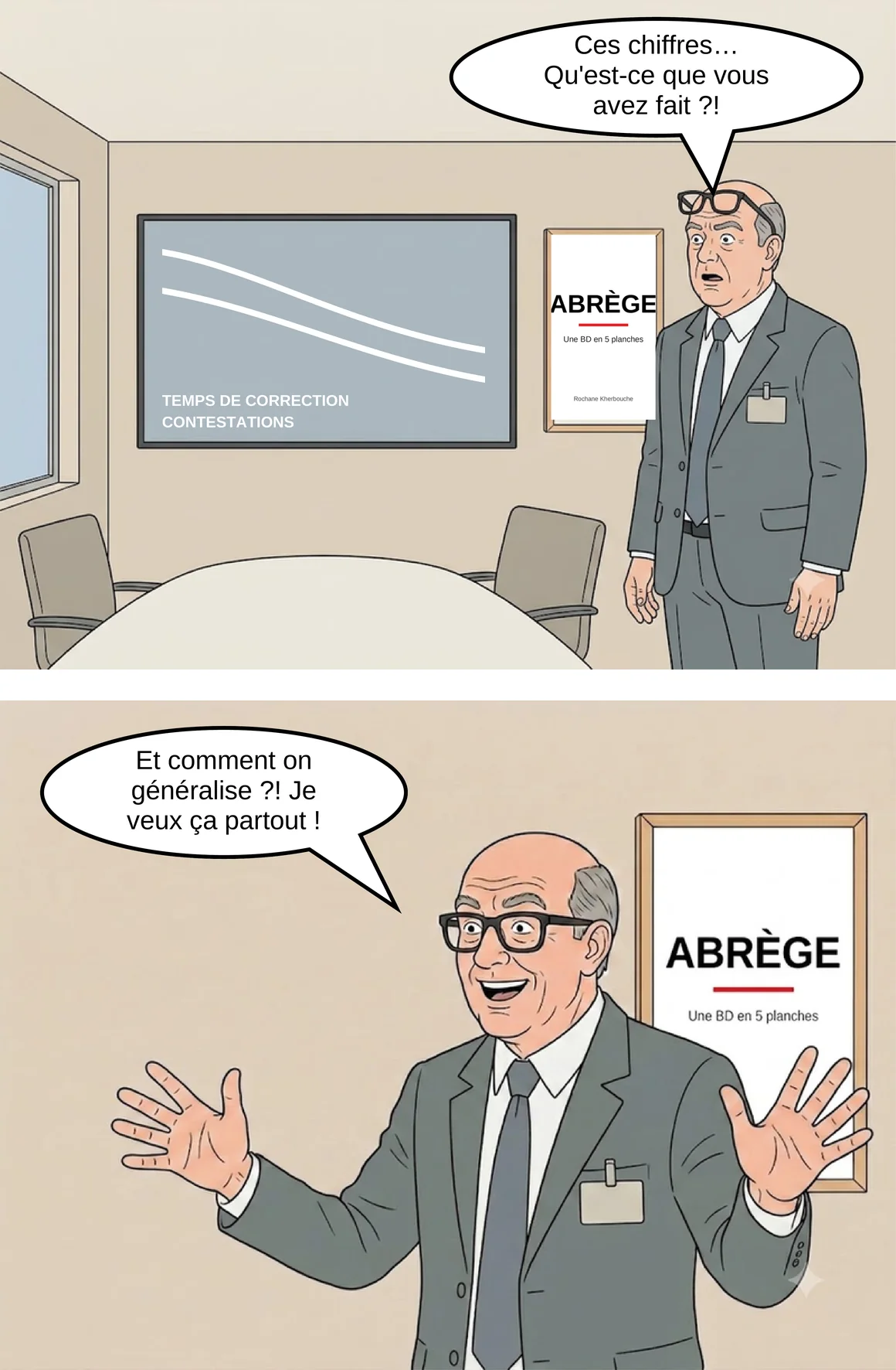 Planche 5 : les courbes du temps de correction et des contestations descendent, le directeur veut généraliser