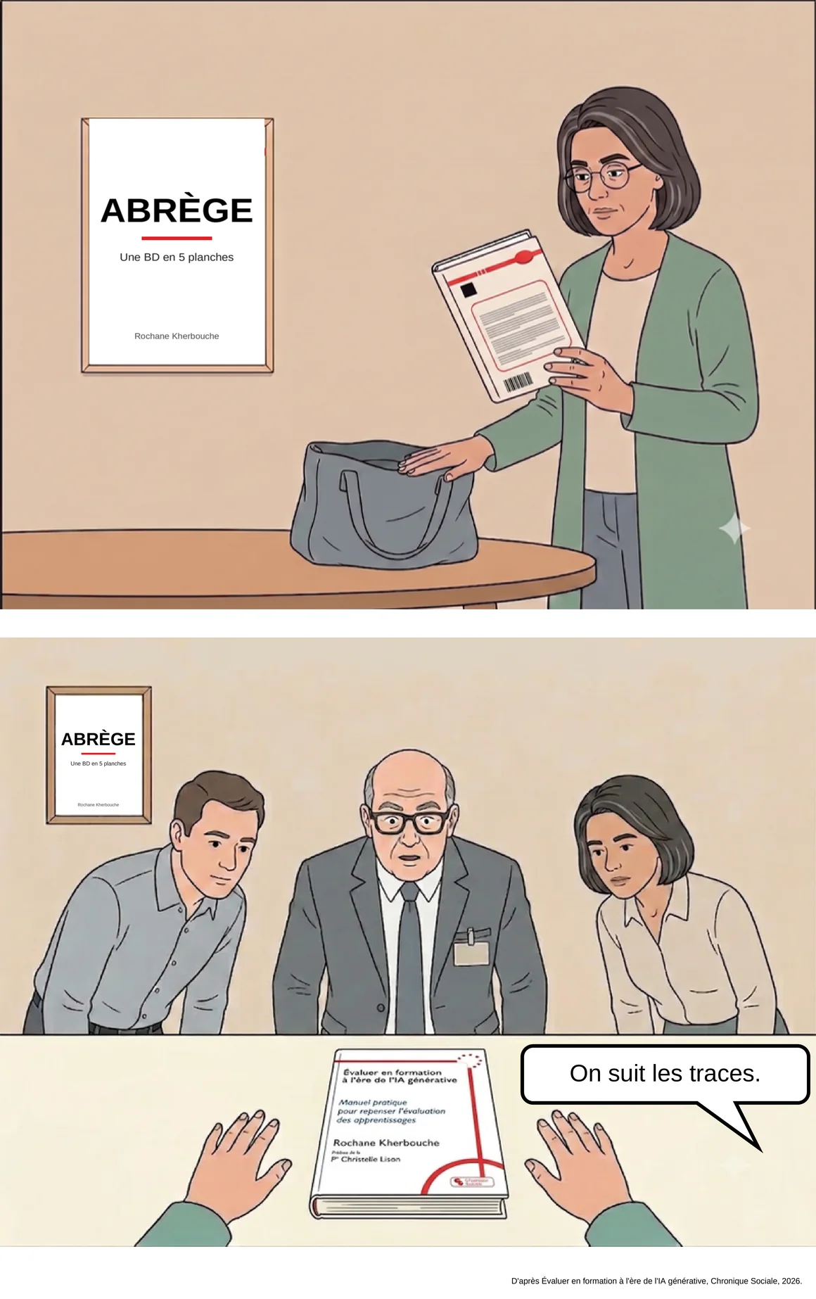 Planche 5, suite : Nadia sort le livre de son sac et le pose sur la table, on suit les traces